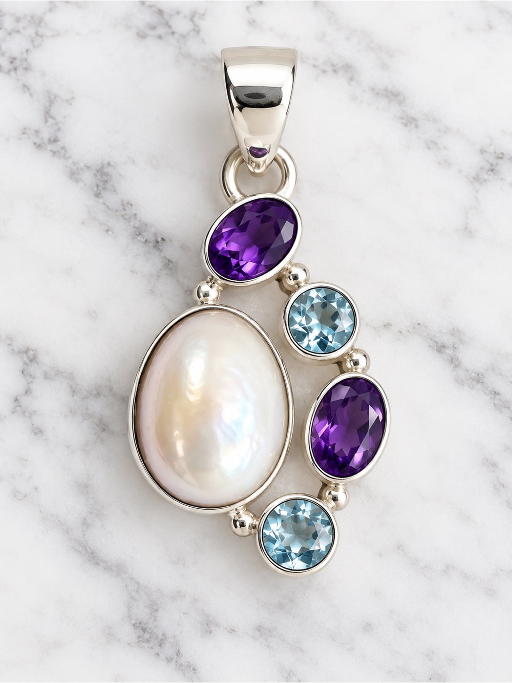 Freshwater Pearl, Amethyst & Blue Topaz 925 Sterling Silver Pendant